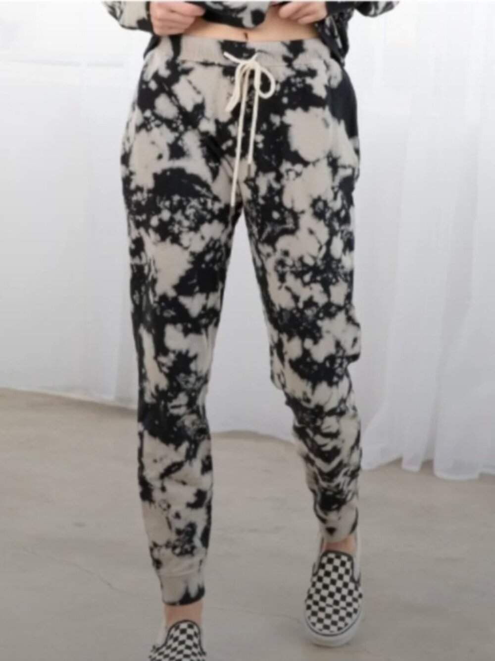 NWT Lovestitch Black White Tie Dye Cotton French Terry Joggers Pockets Large